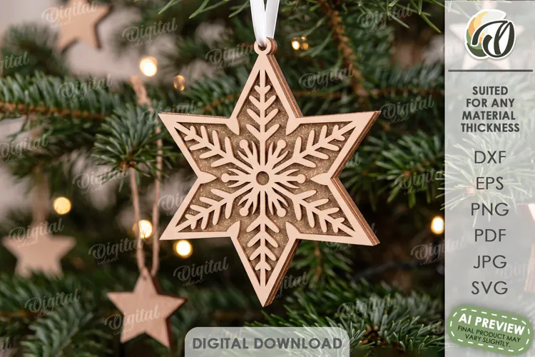 Gingerbread Star Christmas Ornament Laser Cut. Christmas SVG