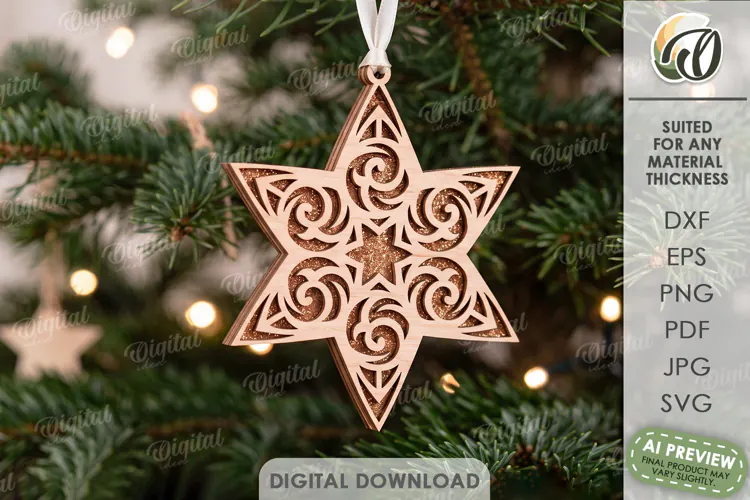 Gingerbread Star Christmas Ornament Laser Cut. Christmas SVG