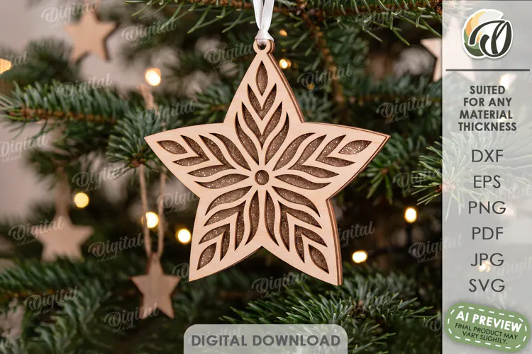 Gingerbread Star Christmas Ornament Laser Cut. Christmas SVG