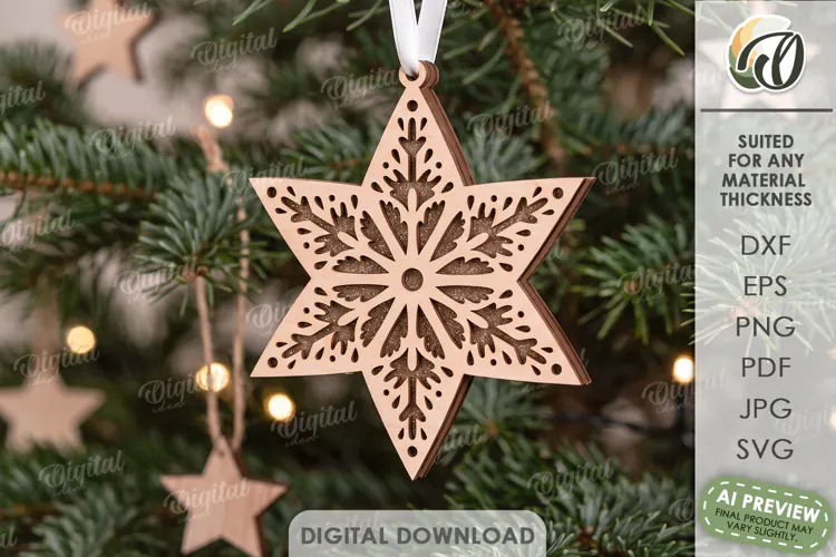Gingerbread Star Christmas Ornament Laser Cut. Christmas SVG