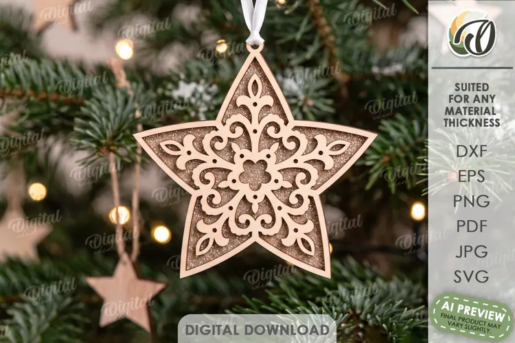 Gingerbread Star Christmas Ornament Laser Cut. Christmas SVG