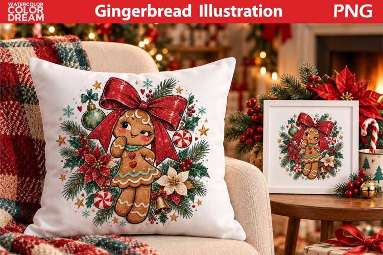 Gingerbread Girl Illustration | Christmas Pillow Sublimation example image 1