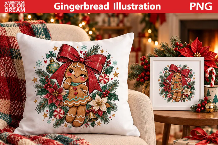 Gingerbread Girl Illustration | Christmas Pillow Sublimation