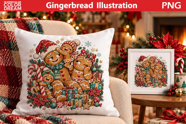 Gingerbread Family Illustration | Christmas Pillow Design