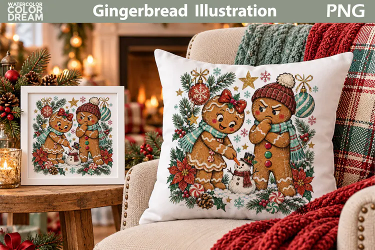 Gingerbread Christmas Illustration | Holiday Sublimation