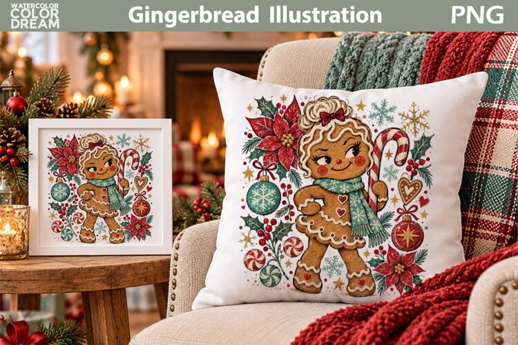 Gingerbread Girl Illustration | Christmas Pillow Sublimation example image 1