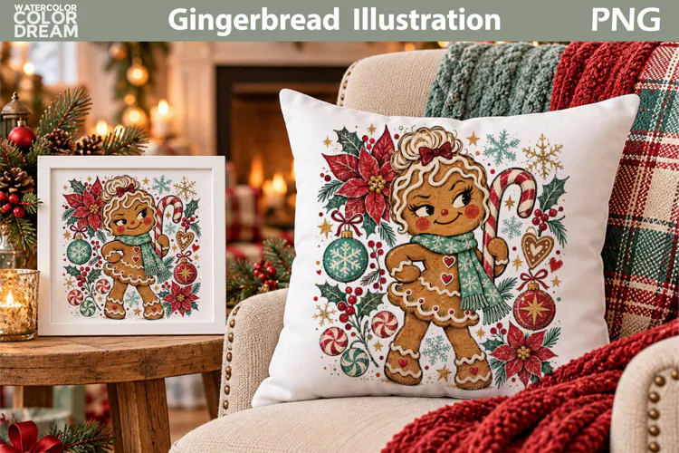 Gingerbread Girl Illustration | Christmas Pillow Sublimation