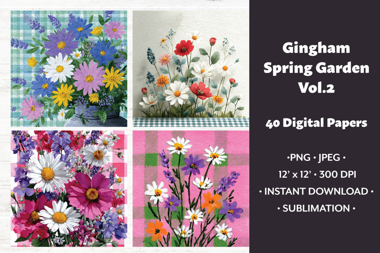 Gingham Spring Garden Digital Paper Vol.2, 40 PNG & JPEG
