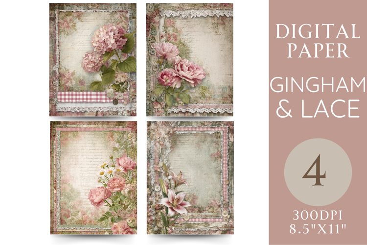 Romantic Gingham Lace Paper with Roses, Lilies & Buttons