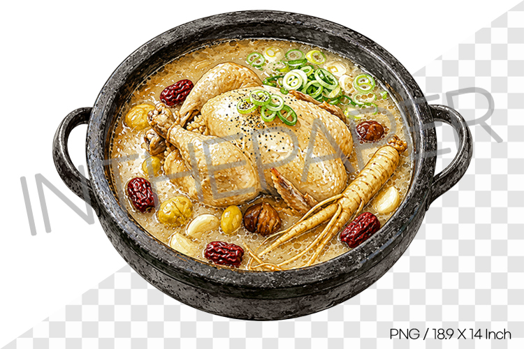 Ginseng Chicken Soup PNG Watercolor Clipart korean food