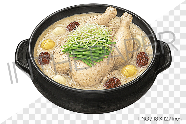 Ginseng Chicken Soup PNG Watercolor Clipart korean food