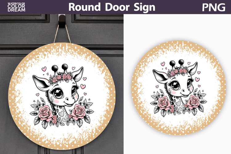Giraffe Floral Door Sign | Round Sublimation PNG