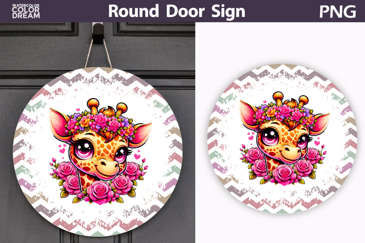 Giraffe Floral Door Sign | Round Sublimation PNG