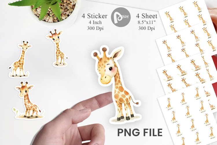Watercolor Sticker Giraffe Wildlife