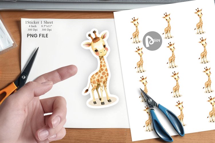 Watercolor Sticker Giraffe Wildlife