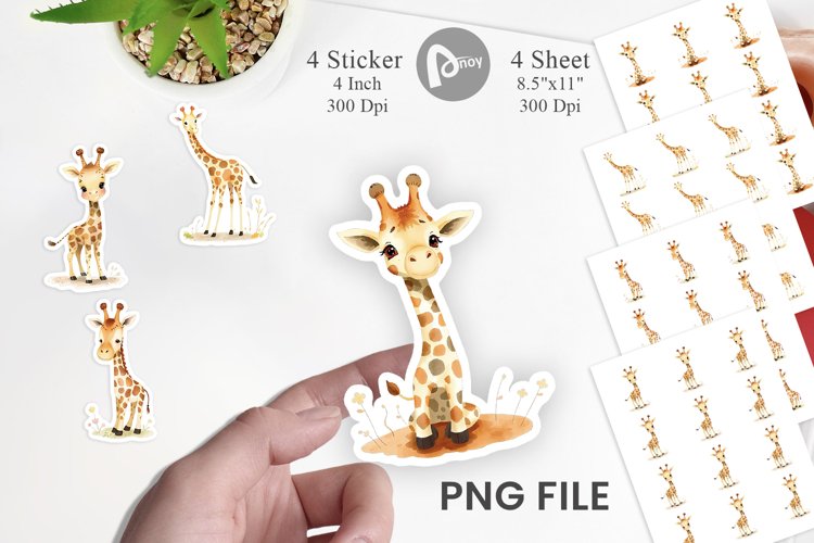 Watercolor Sticker Giraffe Wildlife
