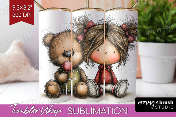 Girl and Bear Valentine Tumbler Wrap Whimsical Animal PNG