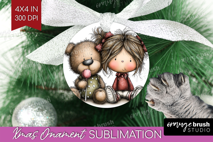 Girl and Bear Valentine Ornament PNG Whimsical Animal PNG
