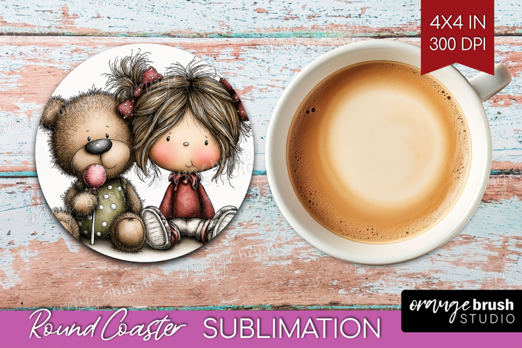 Girl and Bear Valentine Round Coaster Whimsical Animal PNG