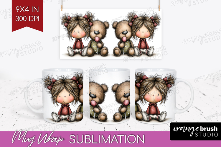 Girl and Bear Valentine Mug Wrap Whimsical Animal Mug PNG