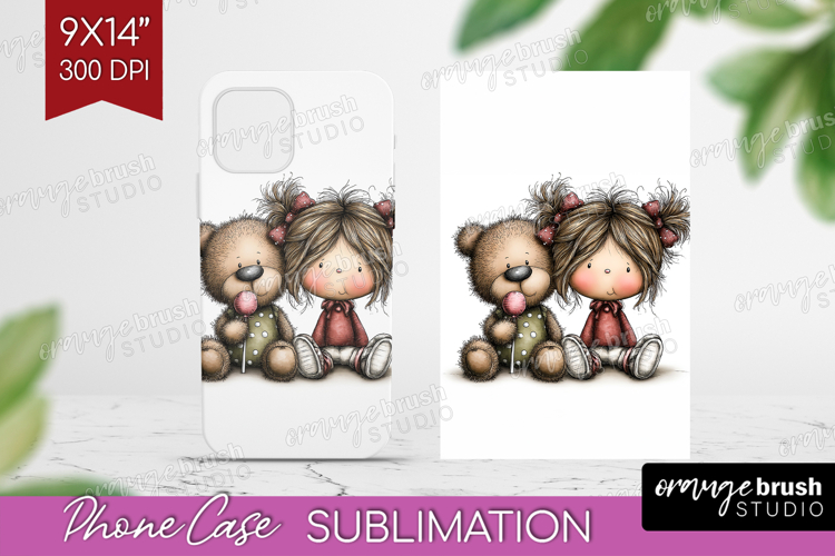 Girl and Bear Valentine Phone Case PNG Whimsical Animal Case