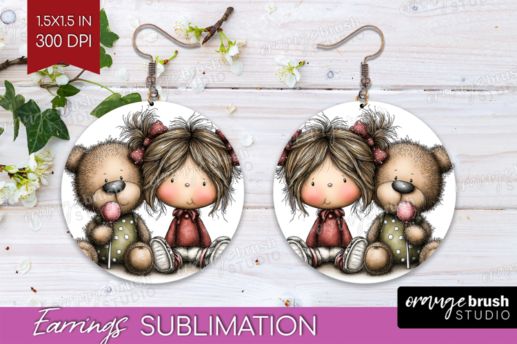 Girl and Bear Valentine Round Earrings Whimsical Animal PNG