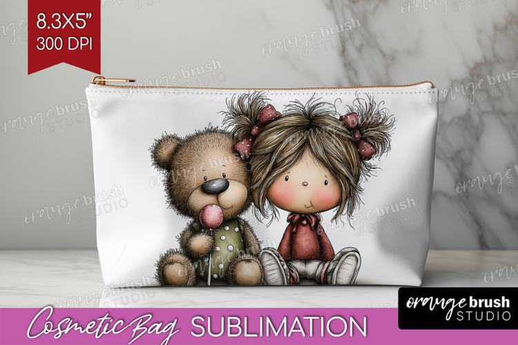 Girl and Bear Valentine Cosmetic Bag Whimsical Animal Makeup