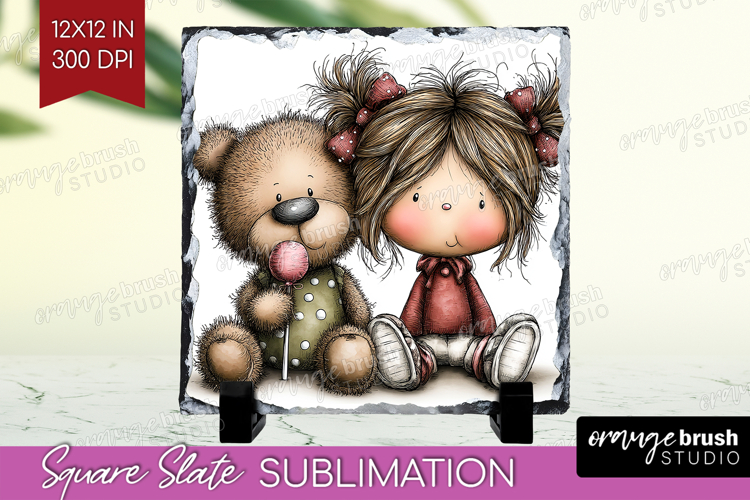 Girl and Bear Valentine Slate PNG Whimsical Animal Square
