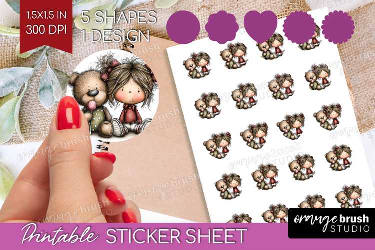 Girl and Bear Valentine Round Sticker Whimsical Animal