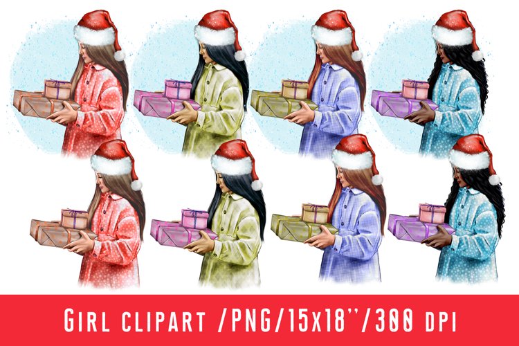 Santa Hat Girl Clipart Chrismas Girl Gift Boxes example image 1