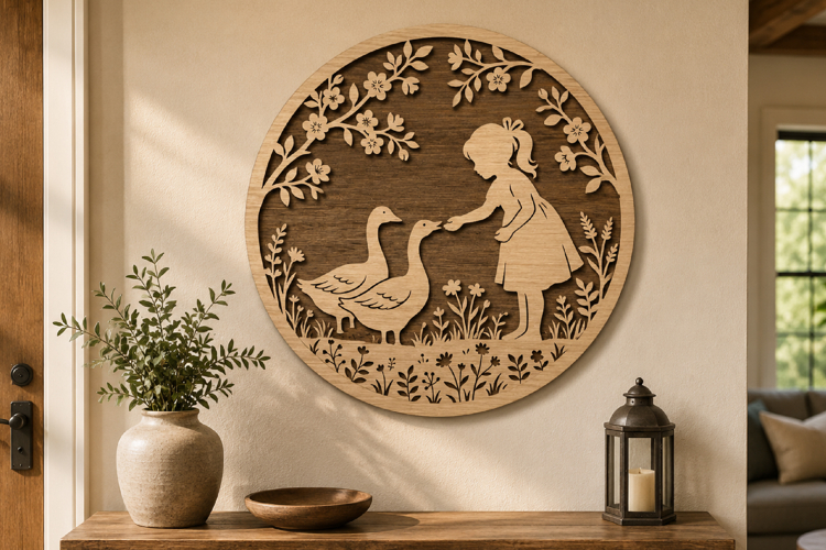 Girl Feeding Ducks Laser Cut, Little Girl Round Wall Art