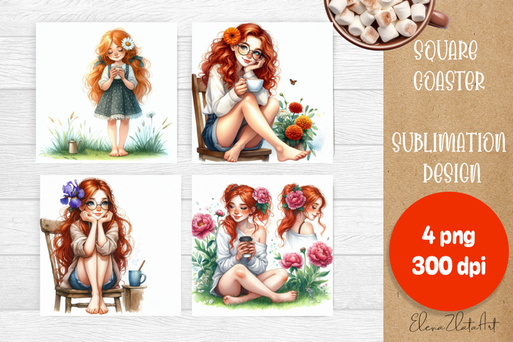 Square coaster Sublimation, GIRL and flowers