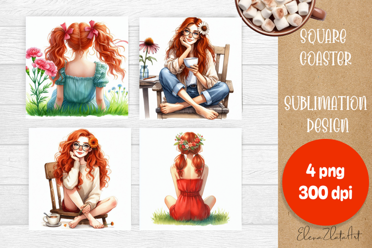Square coaster Sublimation, GIRL and flowers