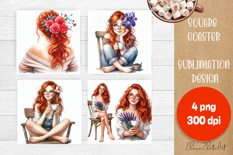 Square coaster Sublimation, GIRL and flowers