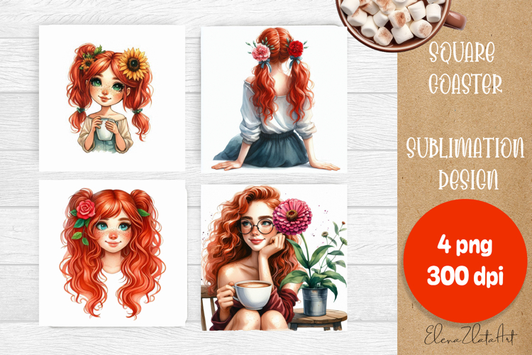 Square coaster Sublimation, GIRL and flowers