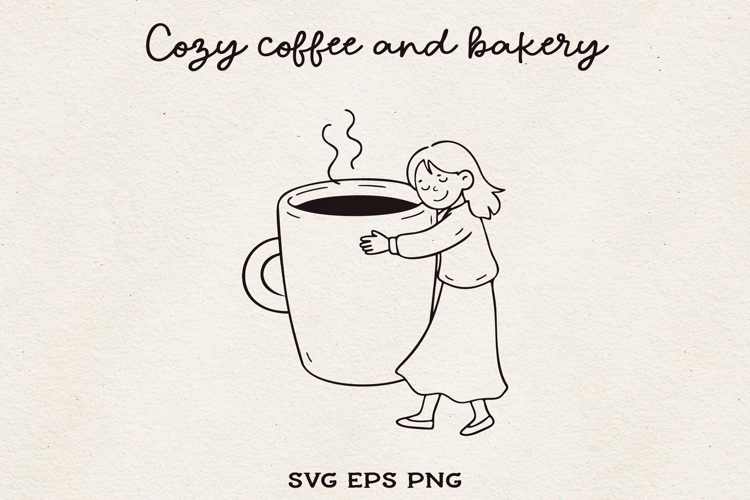 Girl Hugging Coffee Cup SVG PNG EPS Cute Cozy Line Art.