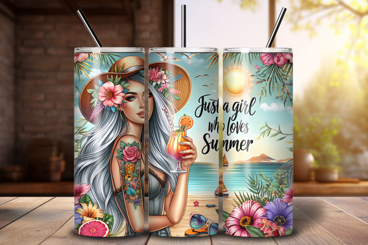 Girl Loves Summer Tumbler Wrap PNG, Summer Sublimation