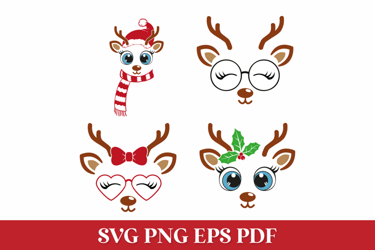 Christmas Girl Reindeer Faces SVG Cut Files for Cricut