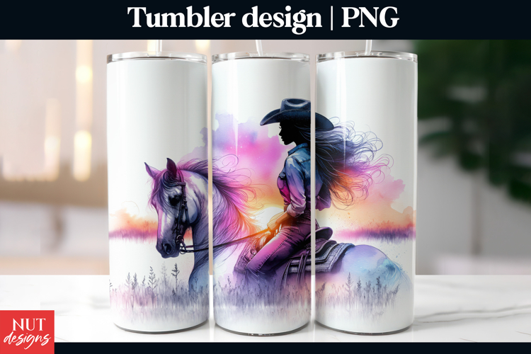 Cowgirl tumbler, woman tumbler wrap Cowgirl riding horse