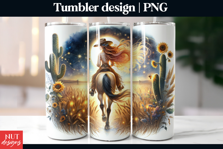 Cowgirl tumbler, woman tumbler wrap Cowgirl riding horse