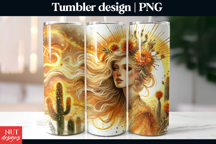 Desert Sun Goddess Tumbler PNG Celestial Boho woman tumbler