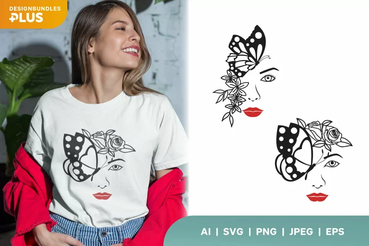 Woman Face with Butterfly and Flowers Illustration Set
