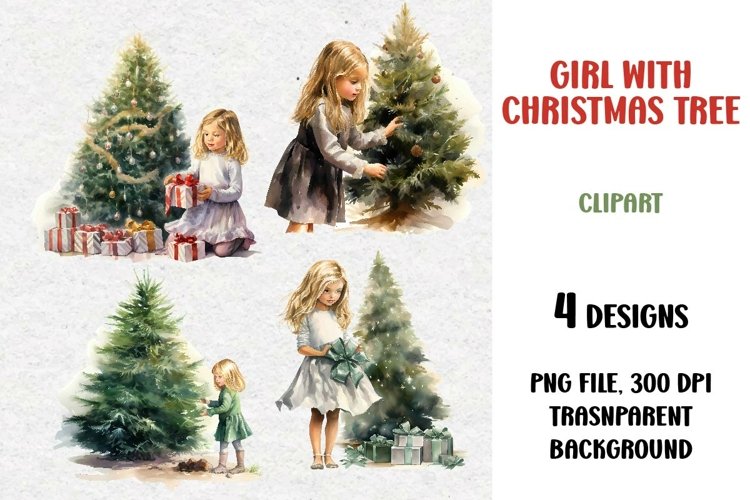 Watercolor Girl with Christmas Tree, Clipart, PNG
