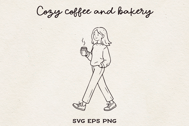 Girl with Coffee SVG PNG EPS Cozy Lifestyle Line Art.