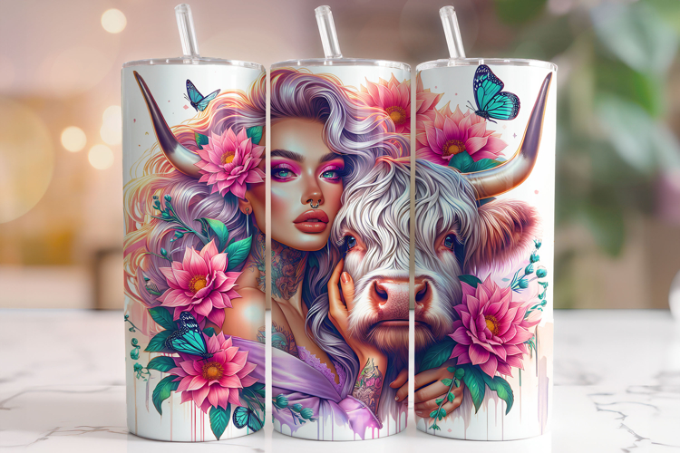 Girl With Highland Cow Tumbler, Floral Highland Cow Tumbler