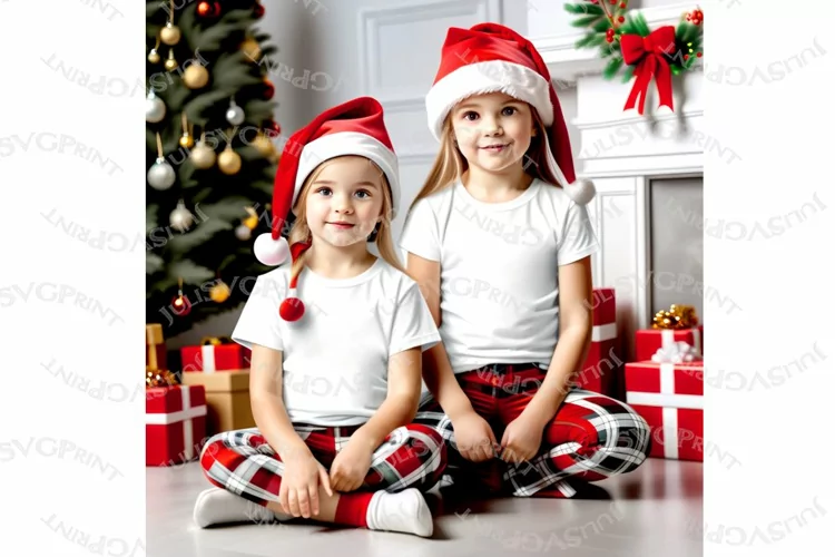Christmas two girl White Shirt Mockup with santa hat