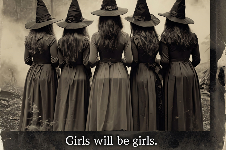 Group of women in vintage witch costumes, symbolizing unity