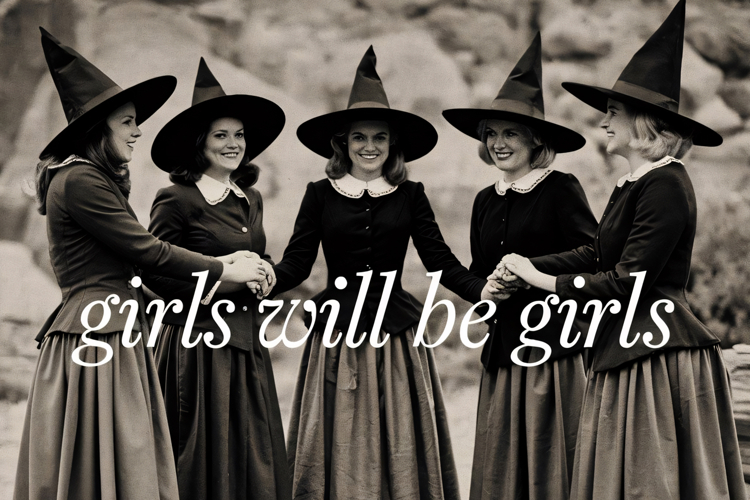 Group of women in vintage witch costumes, symbolizing unity