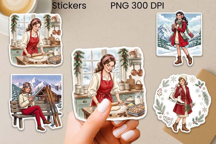 Cozy Cafe Woman Stickers PNG Printable example image 1