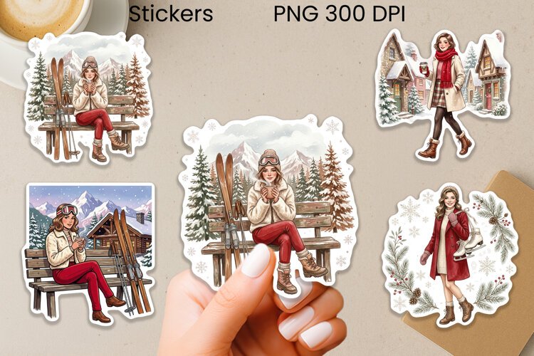 Retro Winter Woman Stickers PNG Printable example image 1
